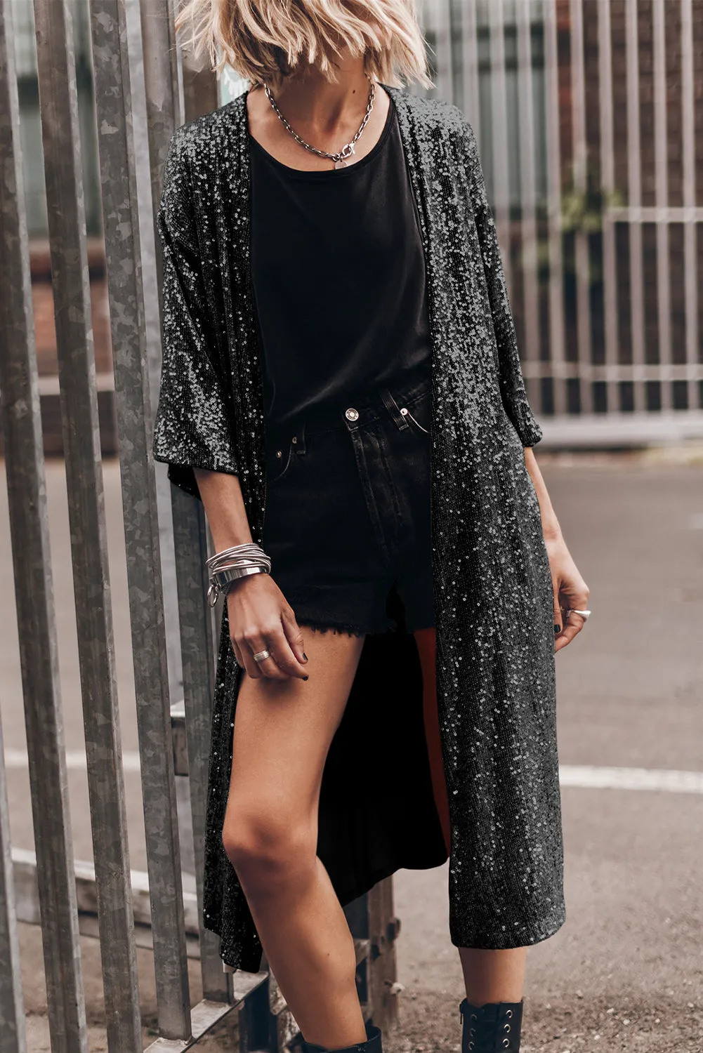 Sequin Sheer Duster Cardigan