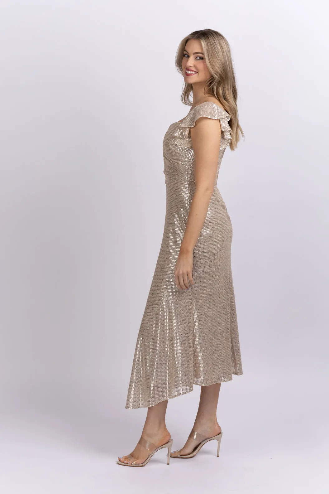 Shoshanna Tessa Metallic Midi-Dress in Silver