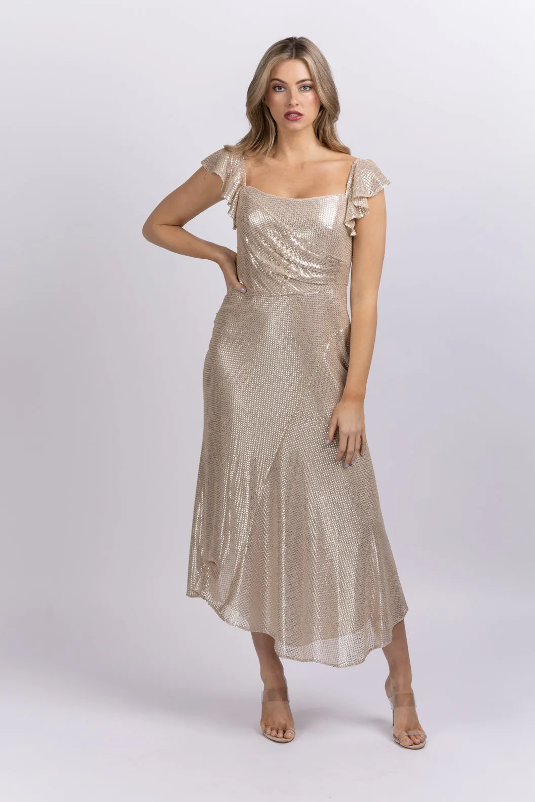 Shoshanna Tessa Metallic Midi-Dress in Silver