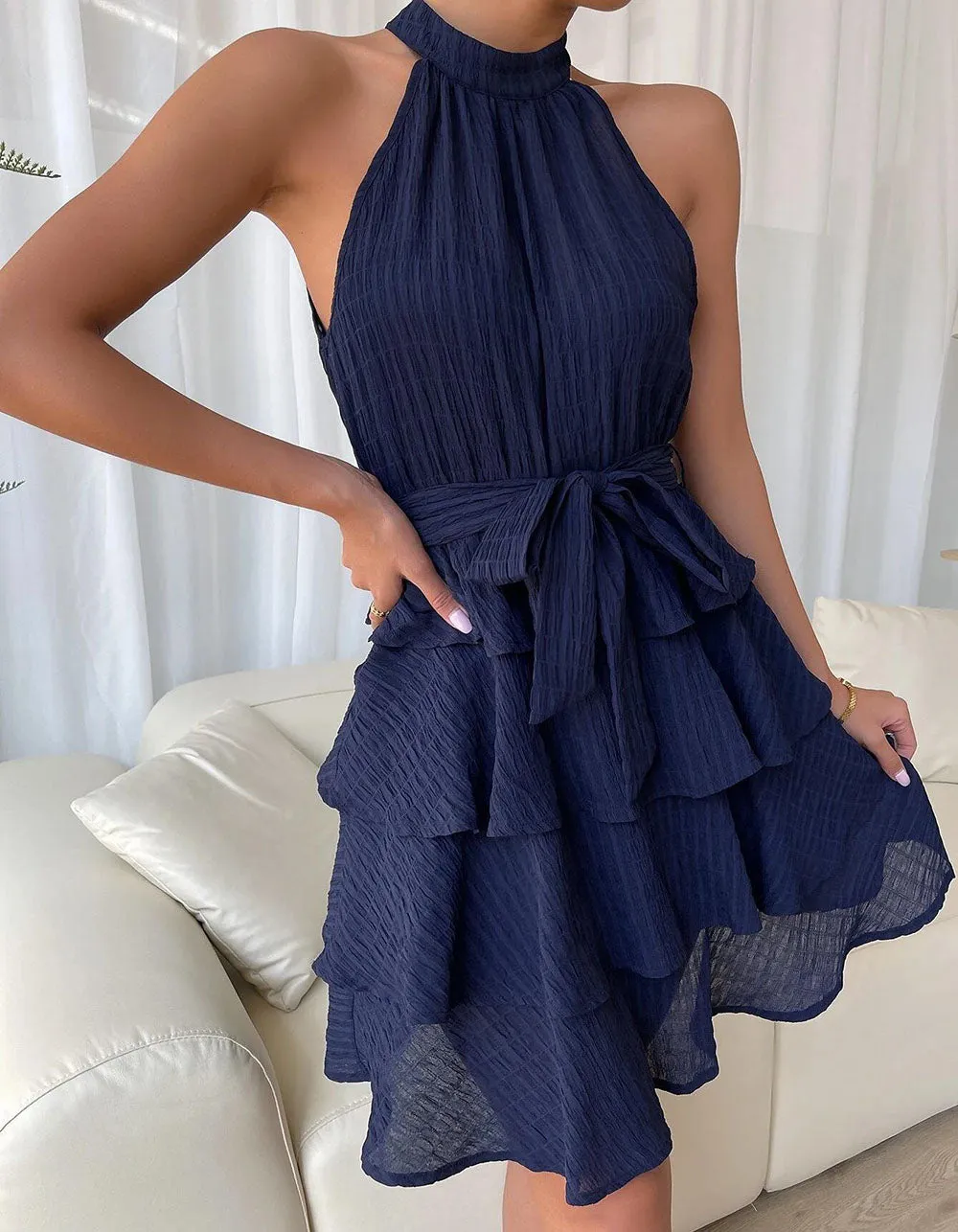 Sleeveless Halter Round Neck Ruffle Short A Line Dresses