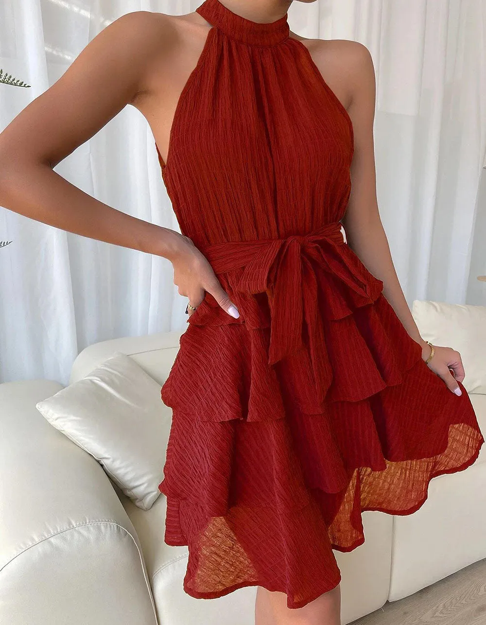 Sleeveless Halter Round Neck Ruffle Short A Line Dresses