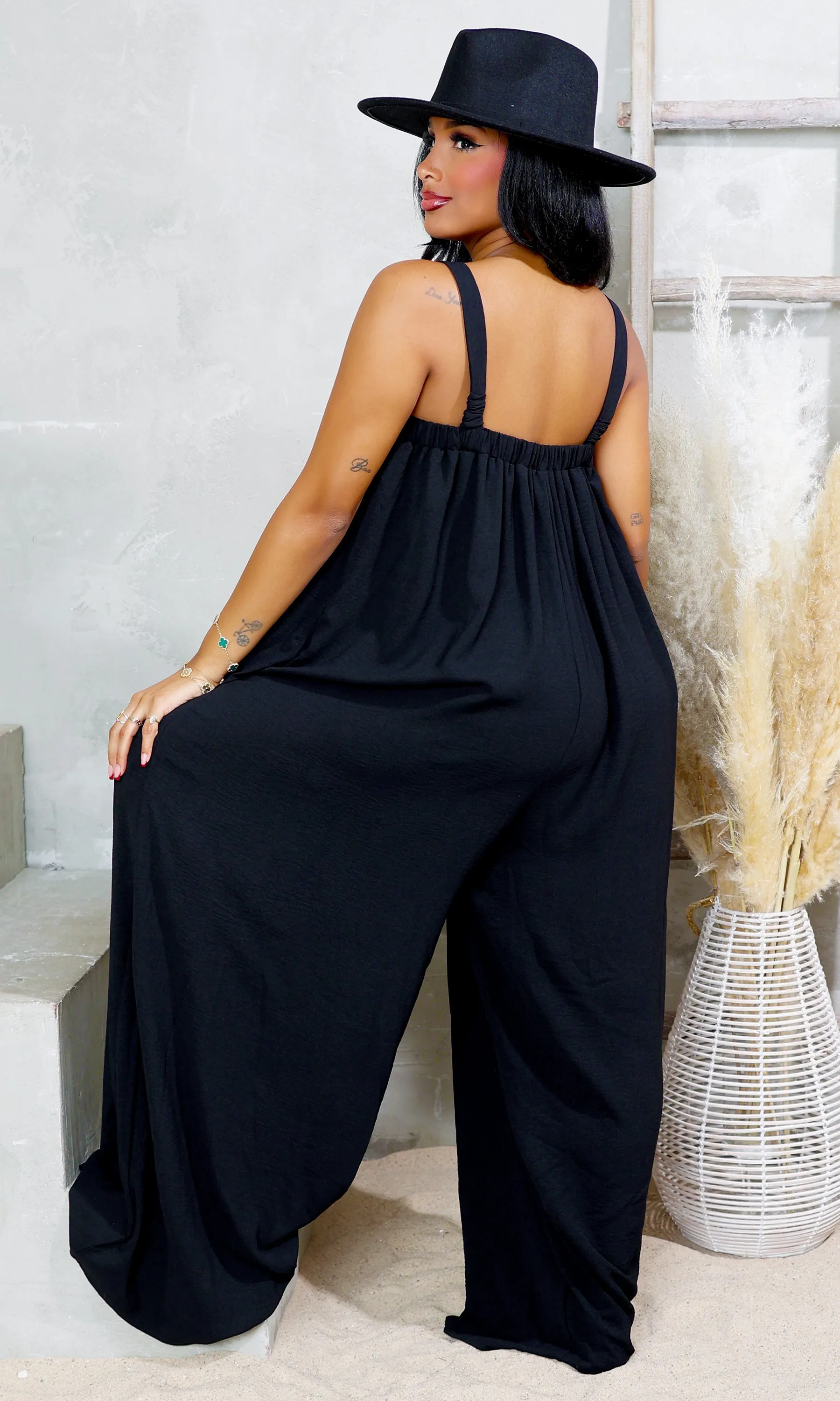 Square Neck Woven Jumpsuit - Black FINAL SALE