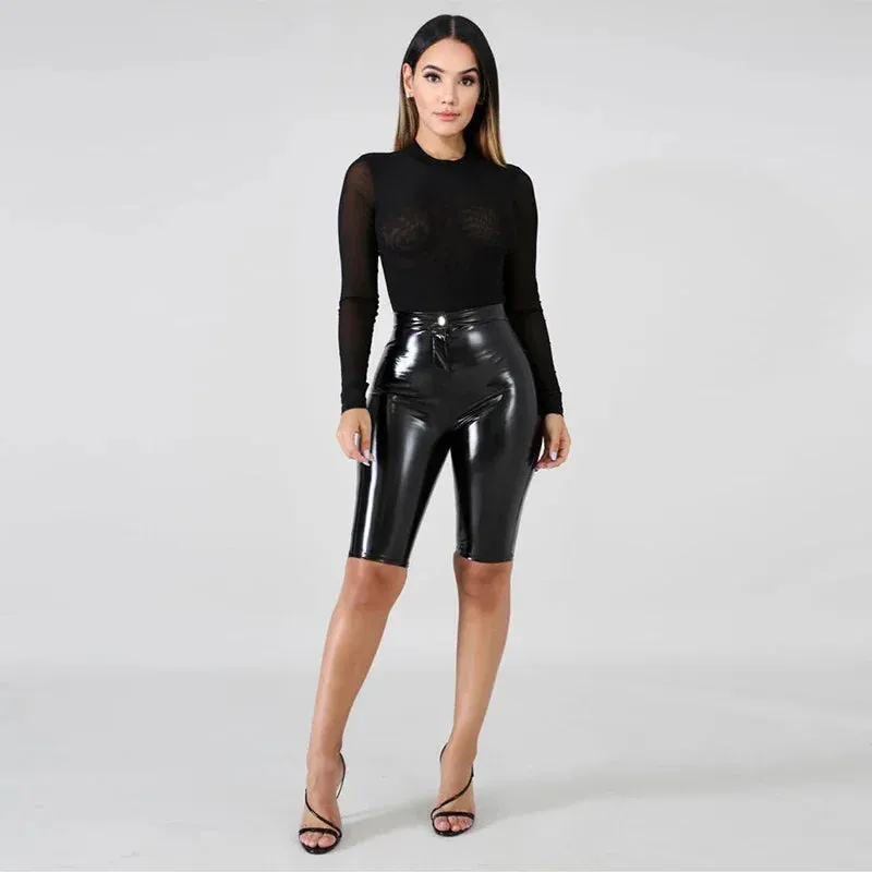 Trend4us Women’s High-Waisted Shiny Latex Biker Shorts