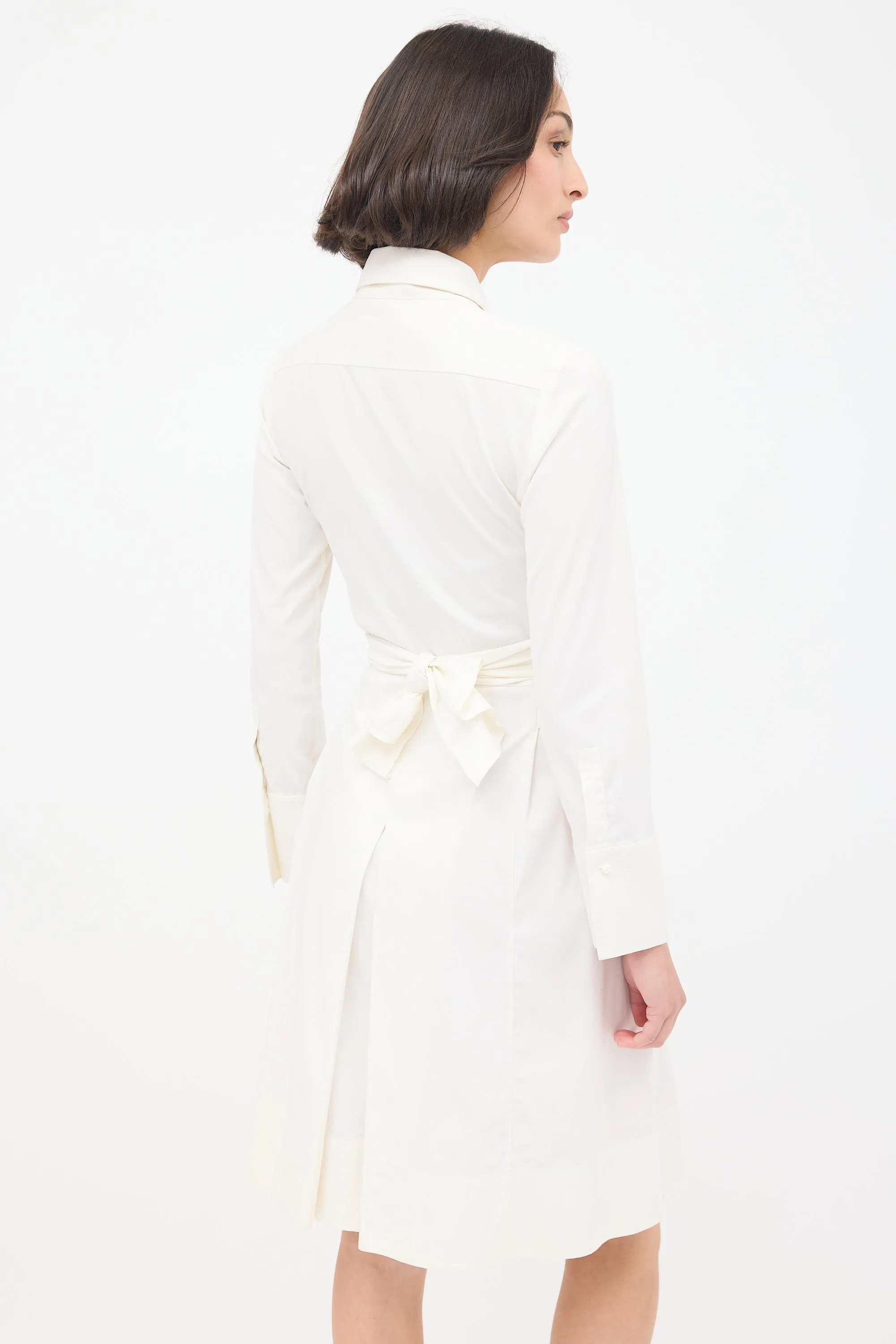 White Cotton Tie Waist Pleated Shirt Dress