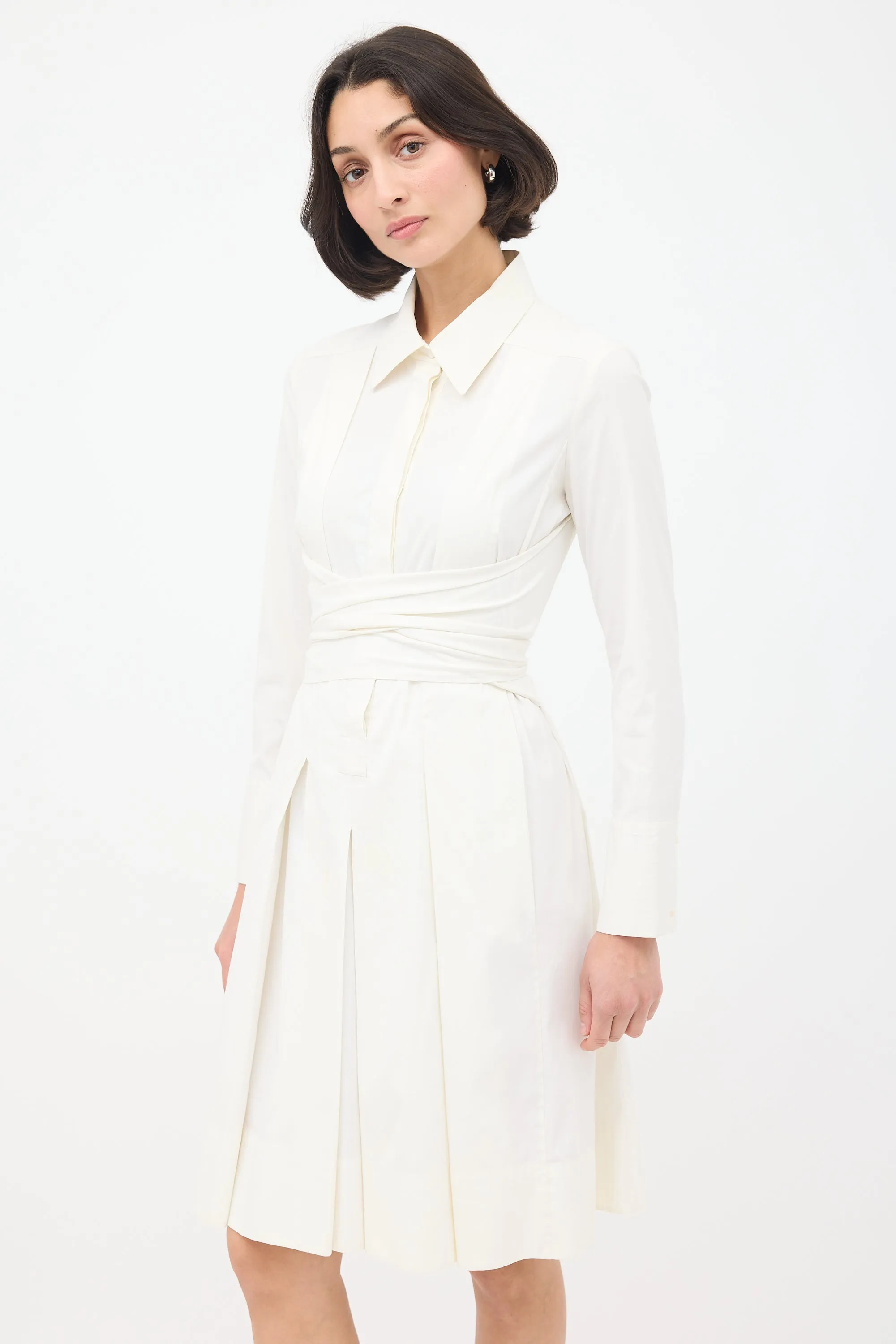 White Cotton Tie Waist Pleated Shirt Dress