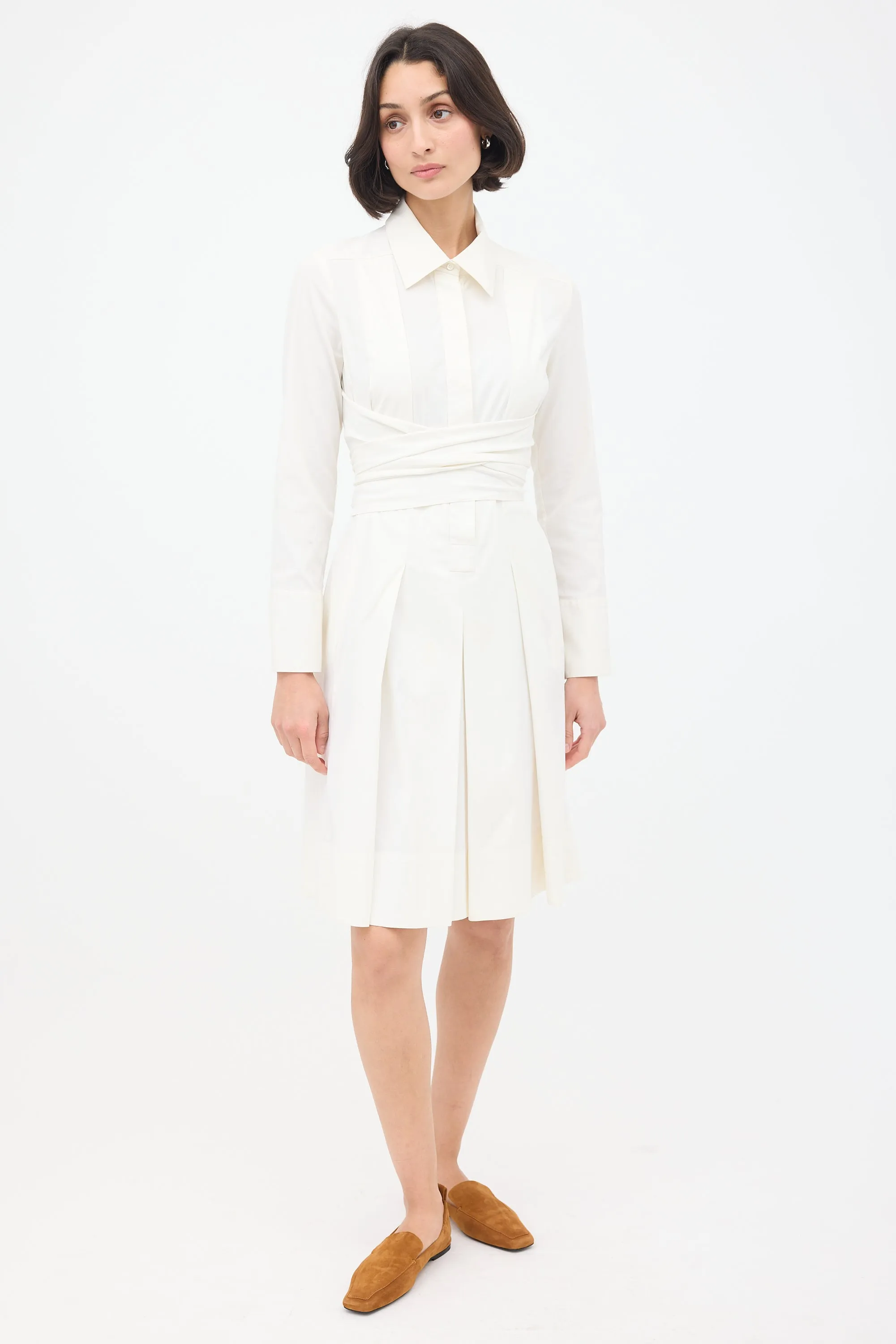 White Cotton Tie Waist Pleated Shirt Dress