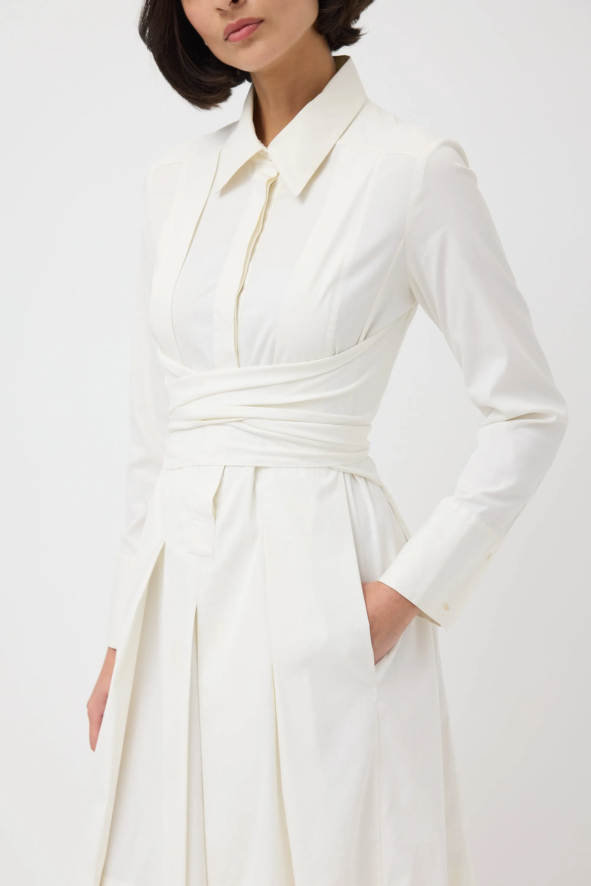 White Cotton Tie Waist Pleated Shirt Dress