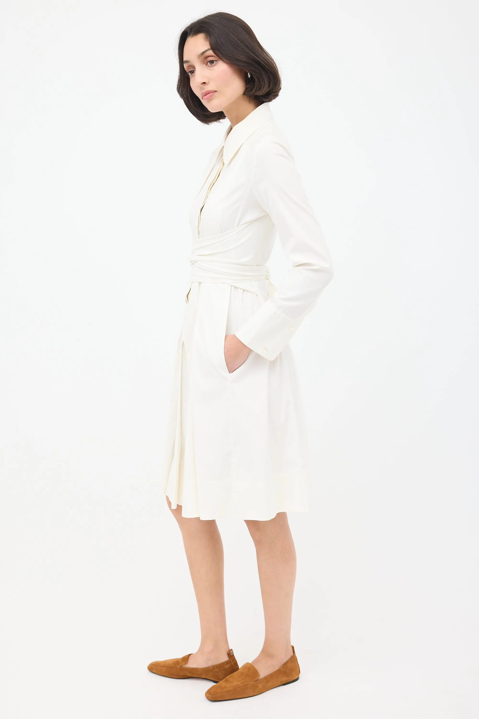 White Cotton Tie Waist Pleated Shirt Dress