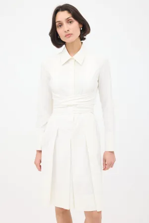 White Cotton Tie Waist Pleated Shirt Dress