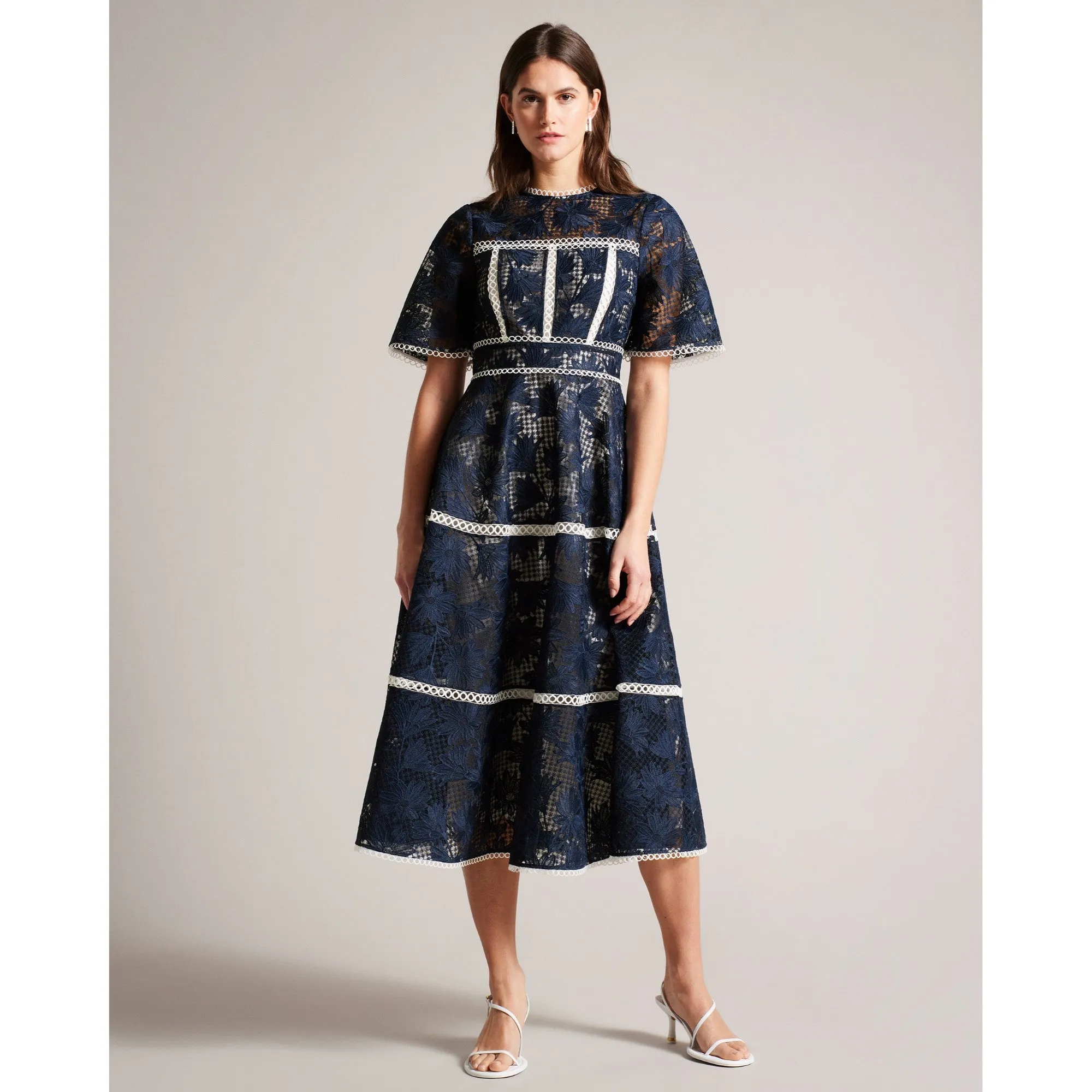 Women Wmd-Rubiely-Fit And Flare Midi Dress With Tiered Lace - Dk-Blue