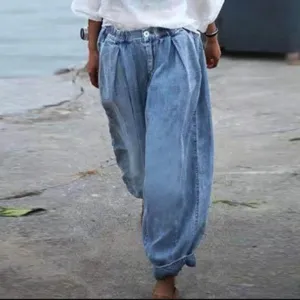 Women's Baggy Elastic Waist Pleated Jeans